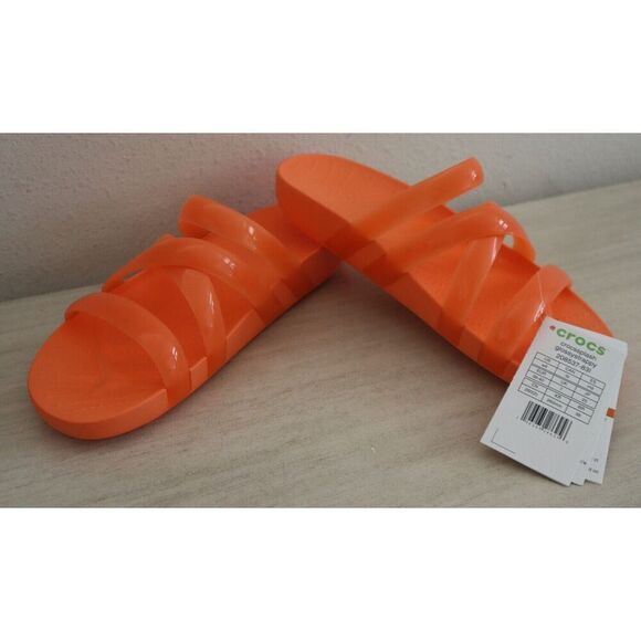 Crocs 208537-83I Women's Sz 9 Persimmon Orange Splash Glossy Strappy Slides - Picture 1 of 10